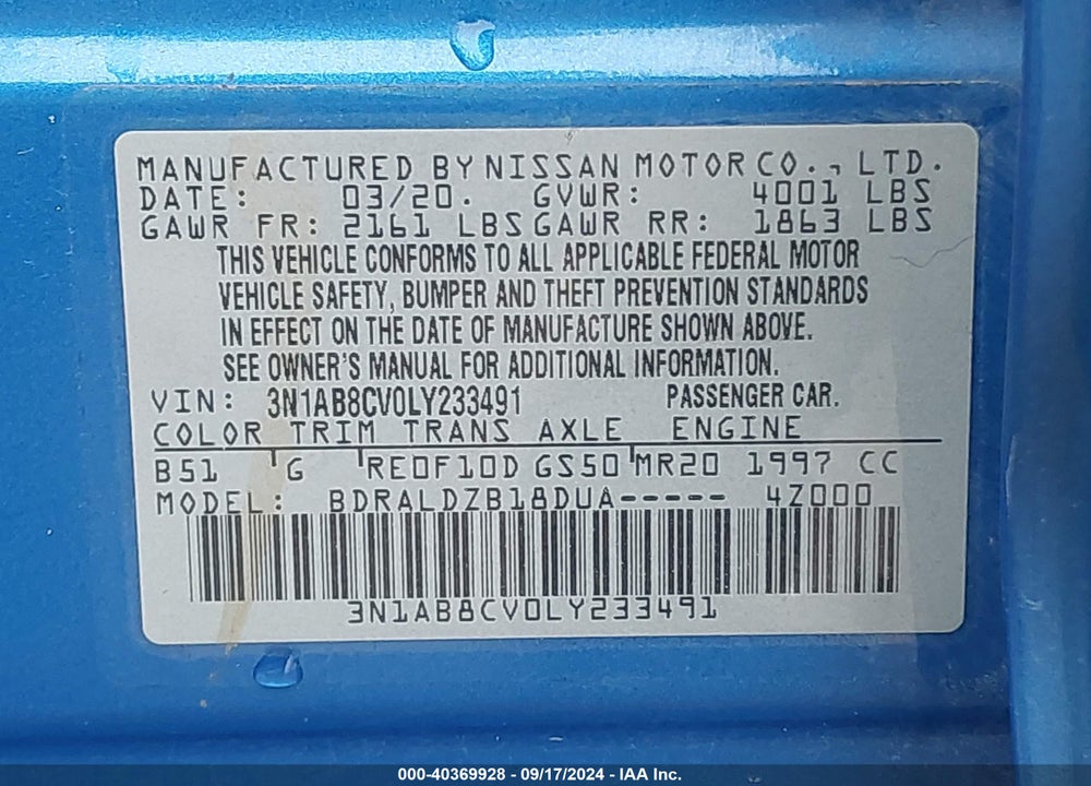 2020 NISSAN SENTRA SV XTRONIC CVT VIN: 3N1AB8CV0LY233491