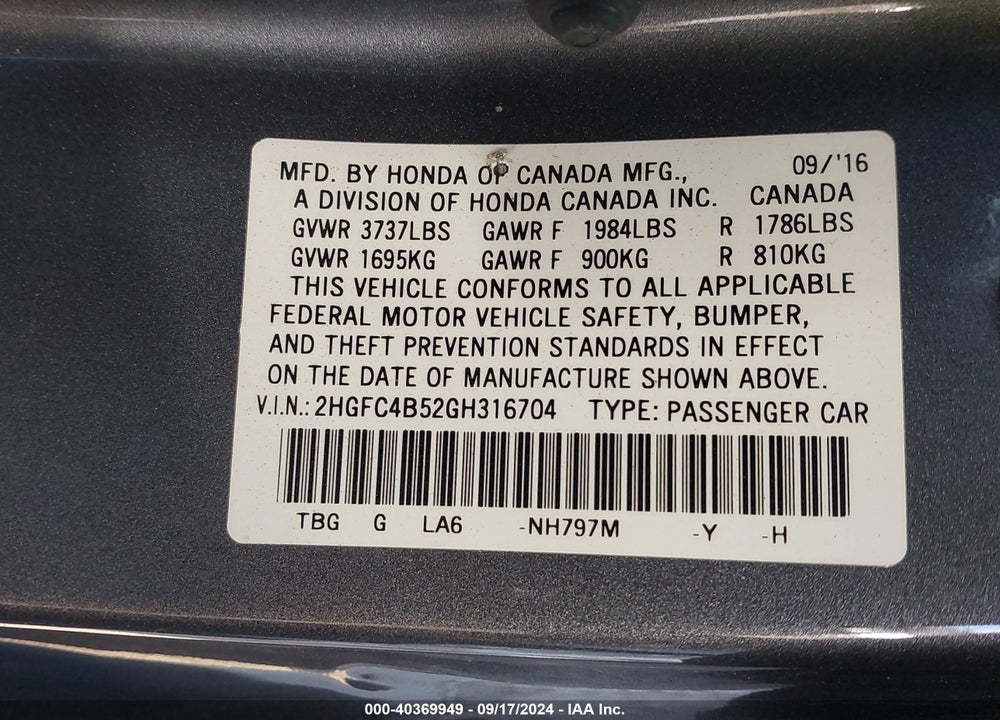 2016 HONDA CIVIC LX VIN: 2HGFC4B52GH316704