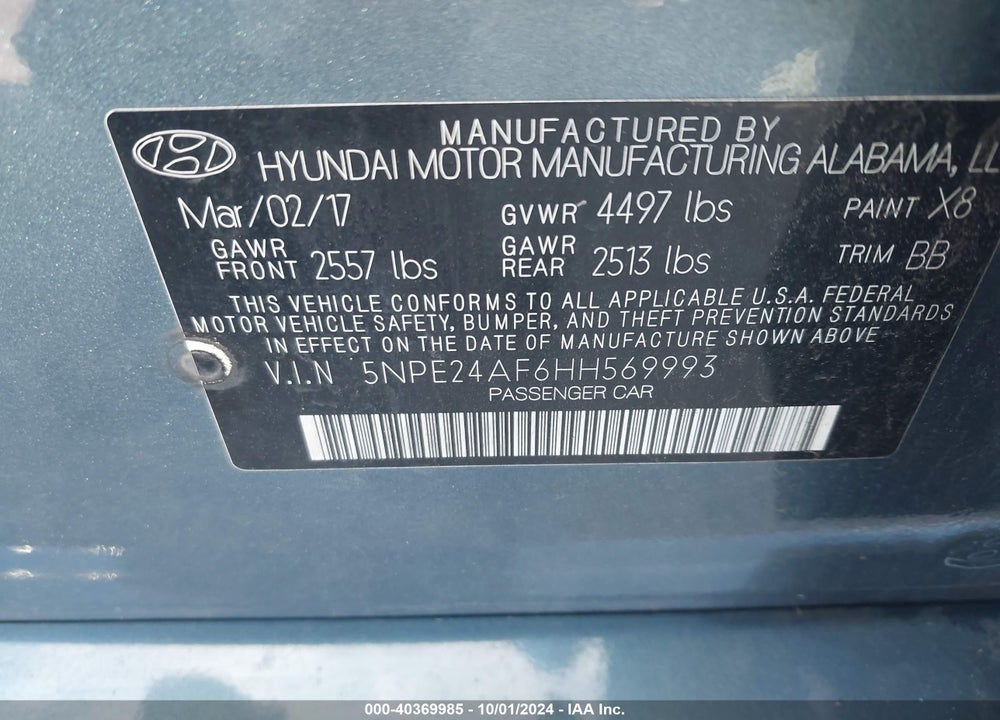 2017 HYUNDAI SONATA VIN: 5NPE24AF6HH569993