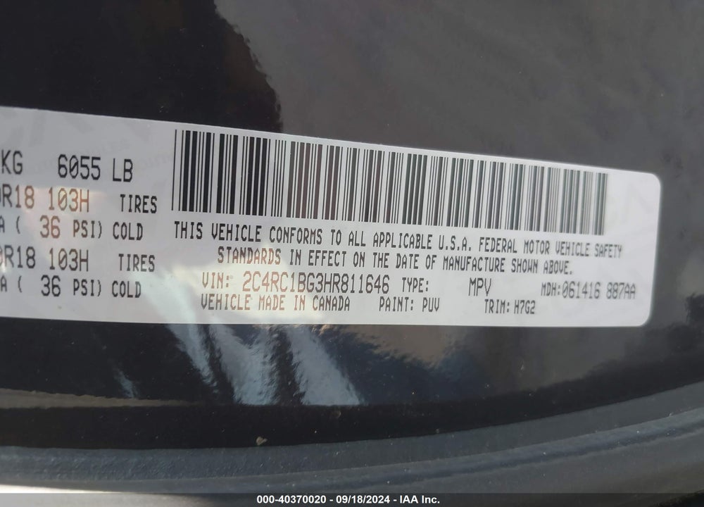 2017 CHRYSLER PACIFICA TOURING PLUS VIN: 2C4RC1BG3HR811646
