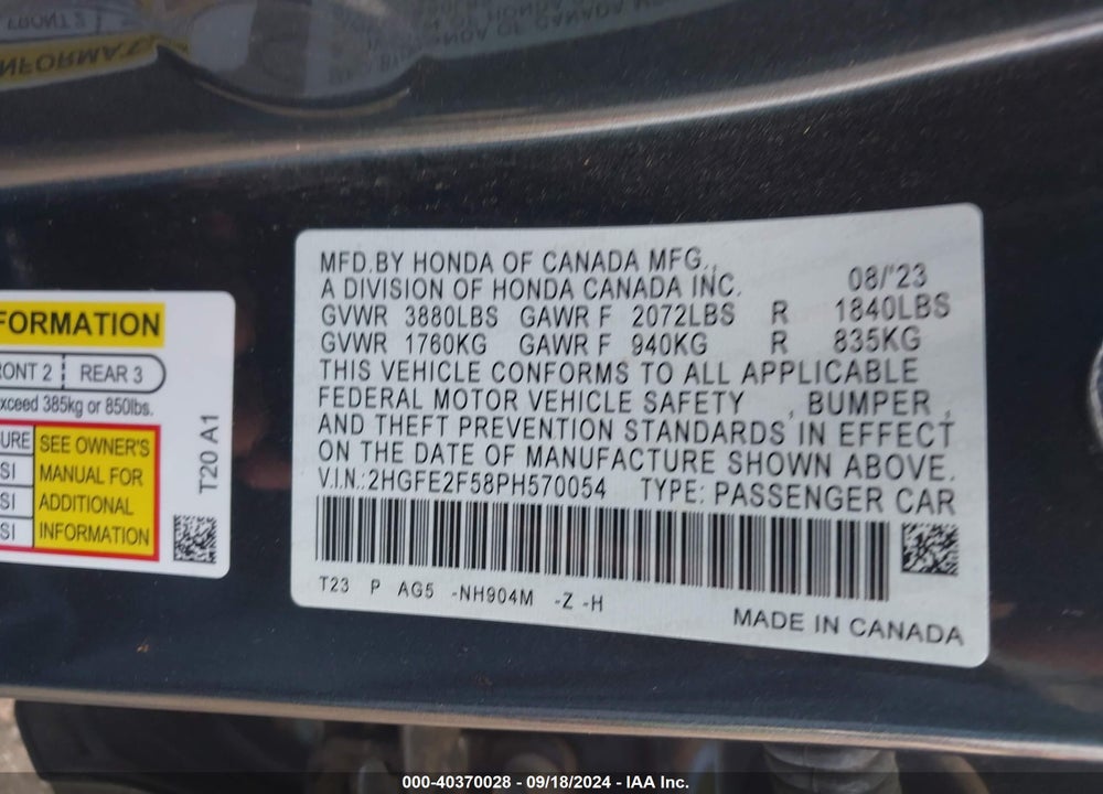 2023 HONDA CIVIC VIN: 2HGFE2F58PH570054