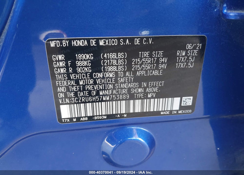 2021 HONDA HR-V AWD EX VIN: 3CZRU6H57MM753889