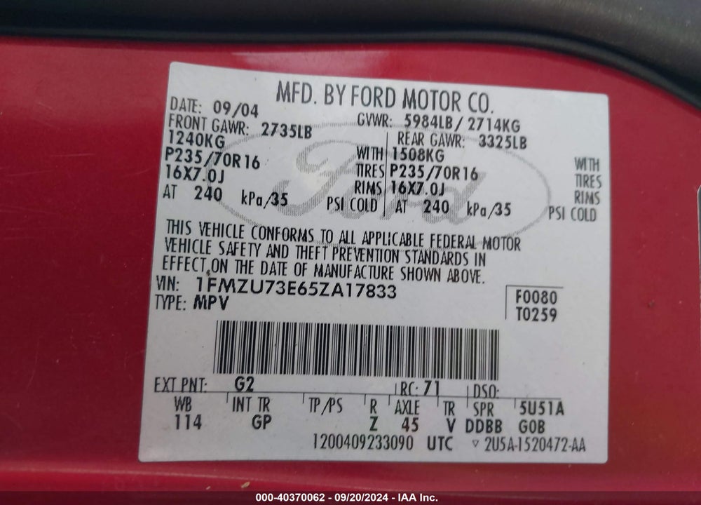 2005 FORD EXPLORER XLT/XLT SPORT VIN: 1FMZU73E65ZA17833