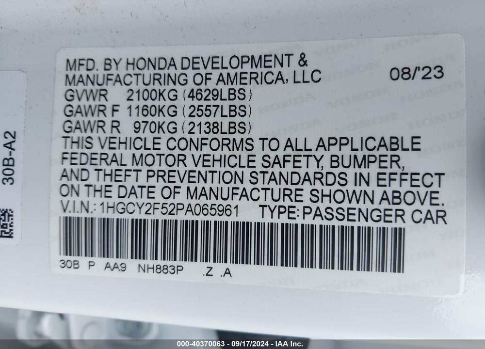2023 HONDA ACCORD HYBRID SPORT VIN: 1HGCY2F52PA065961