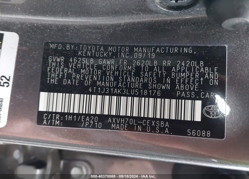 2020 TOYOTA CAMRY SE HYBRID VIN: 4T1J31AK3LU518176