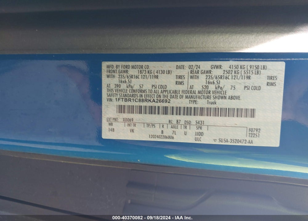 2024 FORD TRANSIT-250 VIN: 1FTBR1C88RKA26692