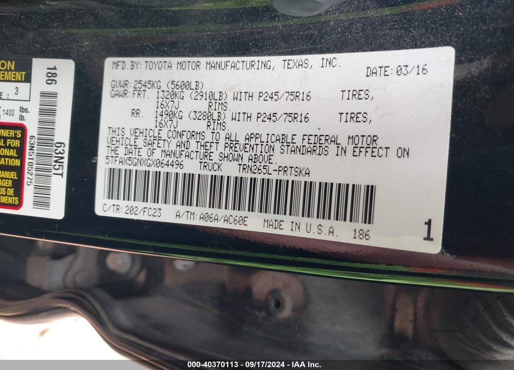2016 TOYOTA TACOMA SR5 VIN: 5TFAX5GNXGX064496