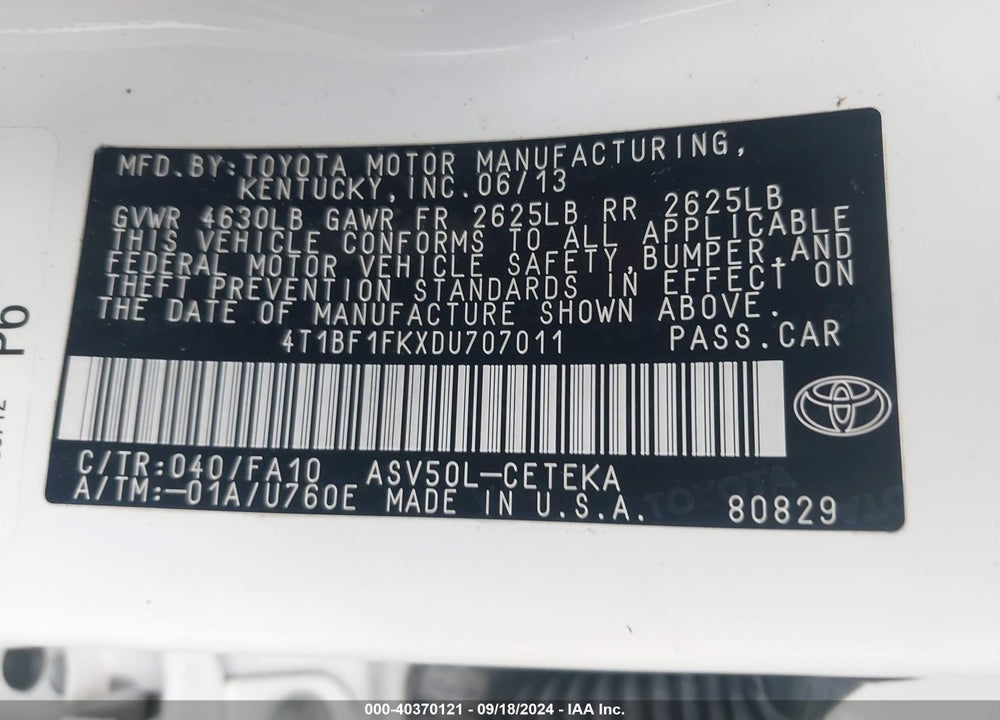 2013 TOYOTA CAMRY L VIN: 4T1BF1FKXDU707011