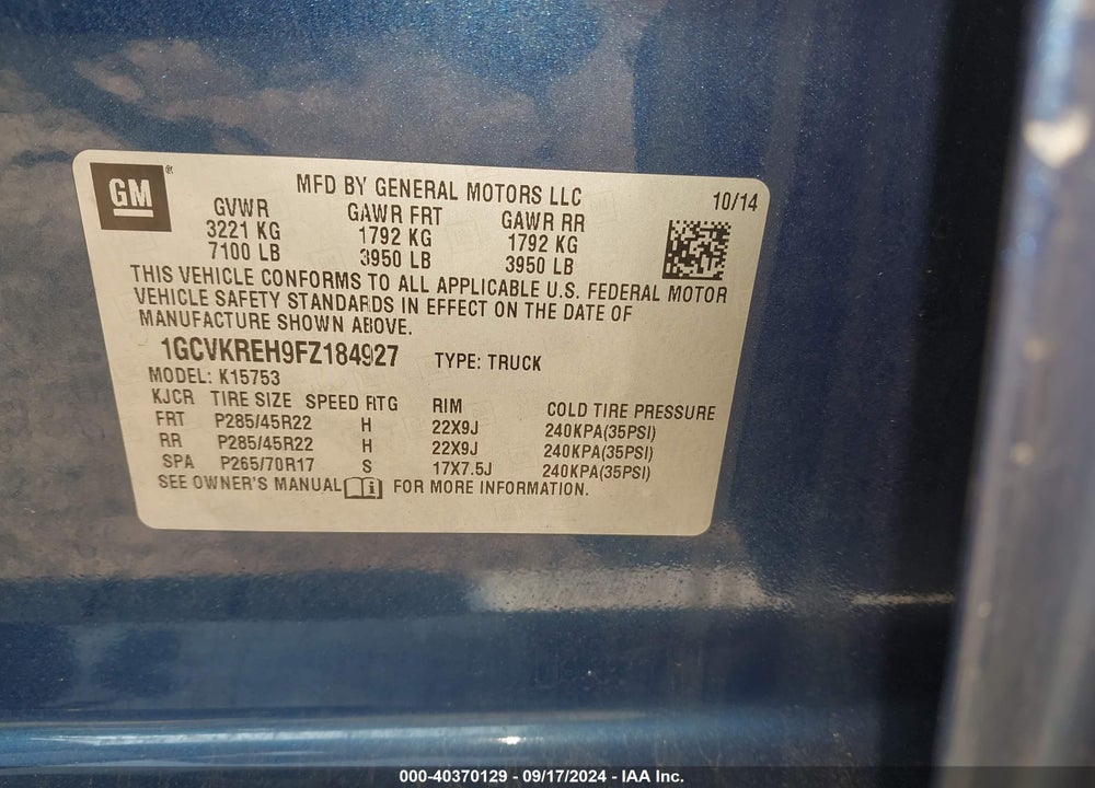 2015 CHEVROLET SILVERADO 1500 1LT VIN: 1GCVKREH9FZ184927