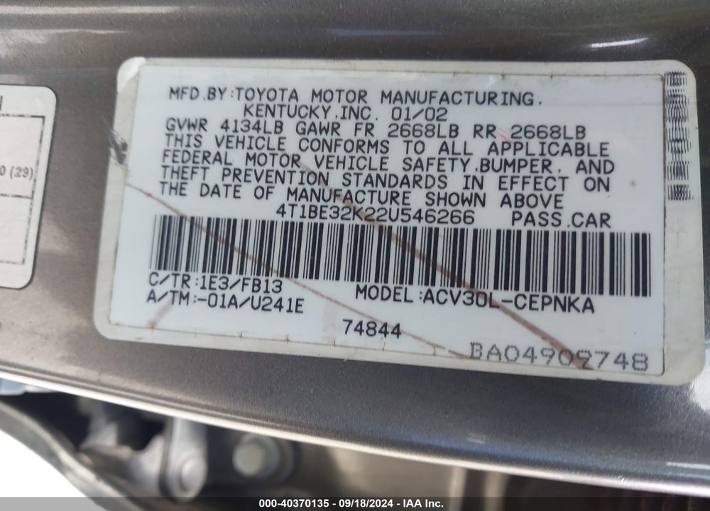 2002 TOYOTA CAMRY LE VIN: 4T1BE32K22U546266