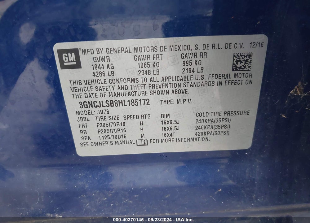 2017 CHEVROLET TRAX LT VIN: 3GNCJLSB8HL185172