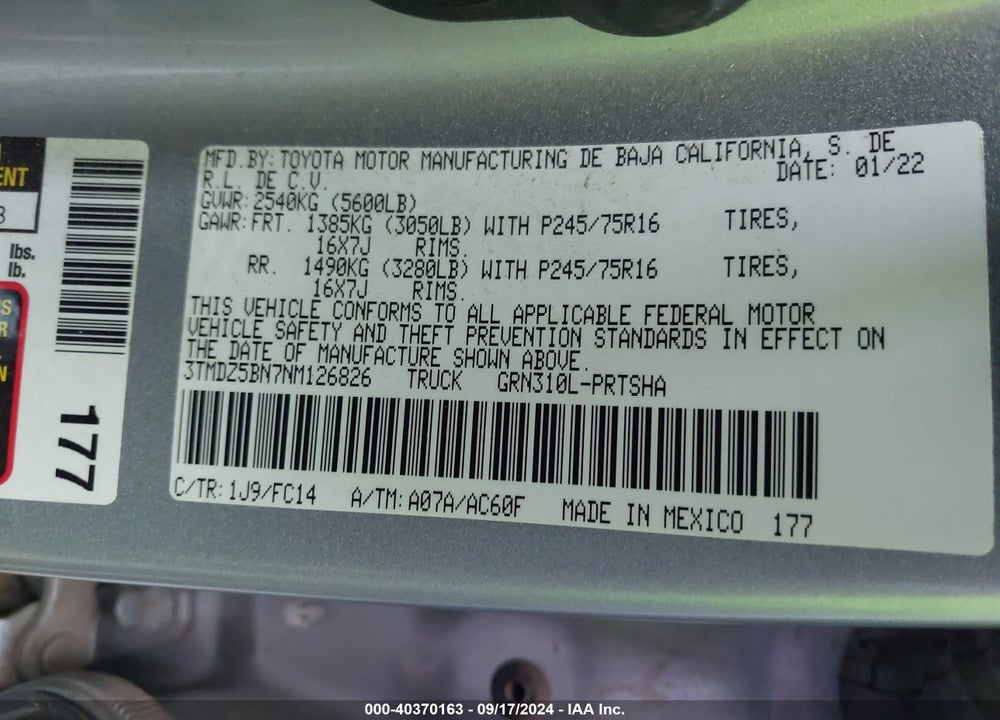 2022 TOYOTA TACOMA SR5 V6 VIN: 3TMDZ5BN7NM126826