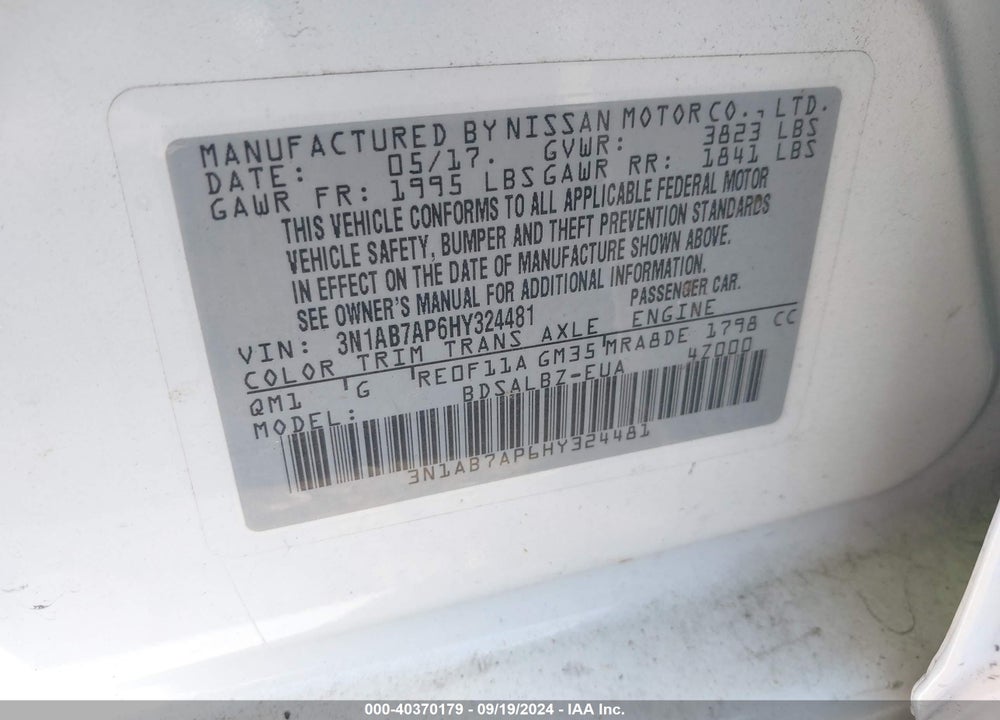 2017 NISSAN SENTRA S VIN: 3N1AB7AP6HY324481