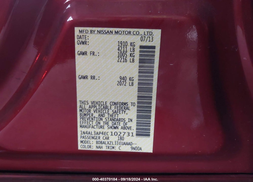 2014 NISSAN ALTIMA 2.5 SL VIN: 1N4AL3AP4EC102731