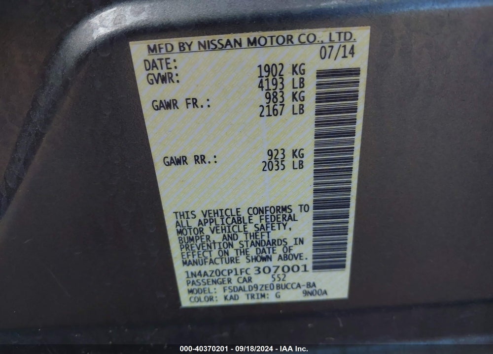 2015 NISSAN LEAF SV VIN: 1N4AZ0CP1FC307001