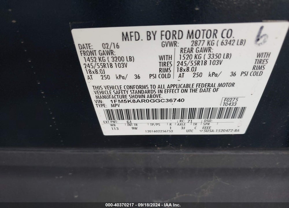 2016 FORD UTILITY POLICE INTERCEPTOR VIN: 1FM5K8AR0GGC36740