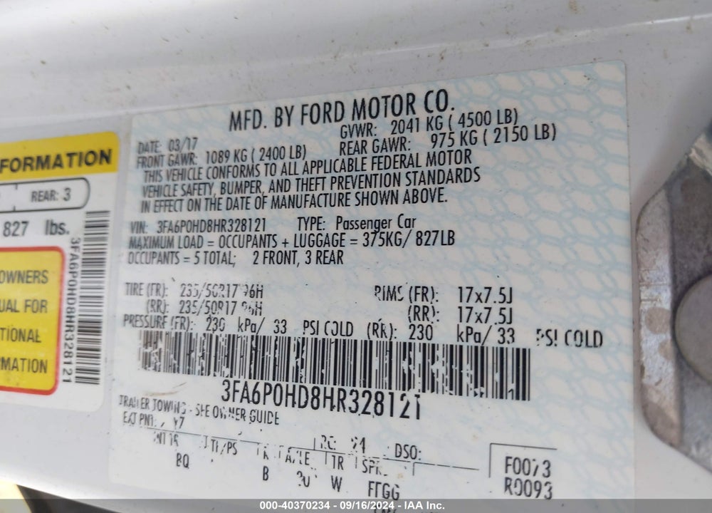 2017 FORD FUSION SE VIN: 3FA6P0HD8HR328121