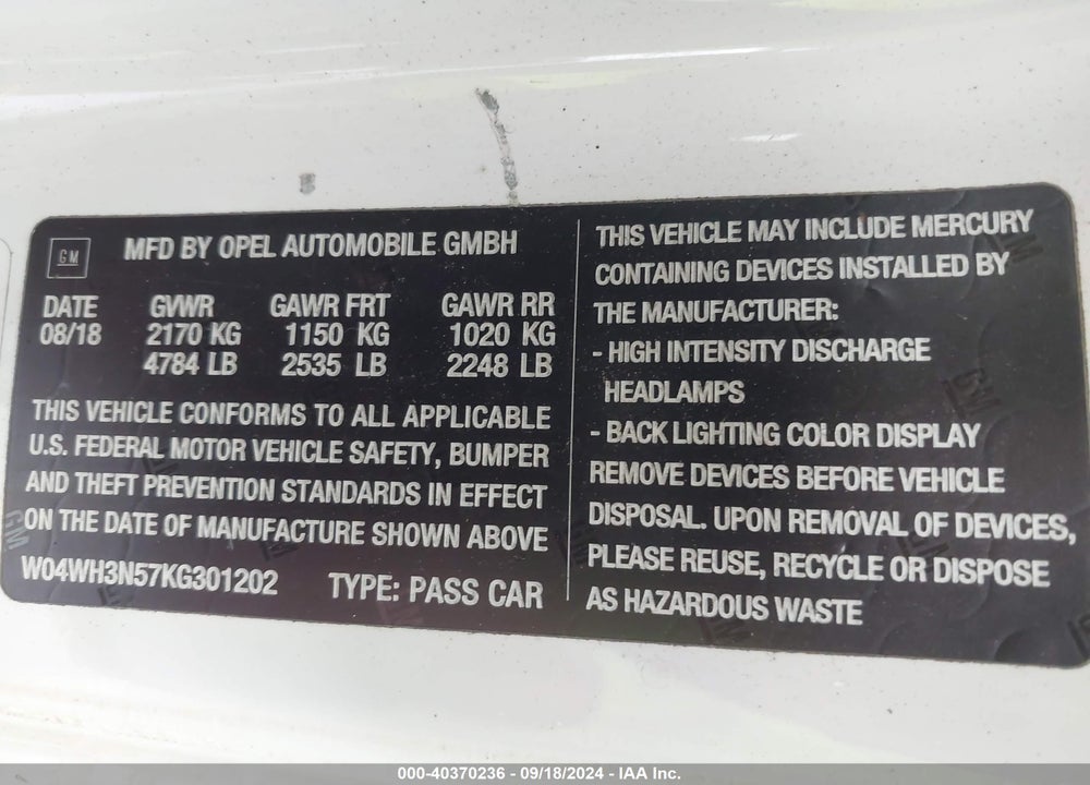 2019 BUICK CASCADA PREMIUM VIN: W04WH3N57KG301202