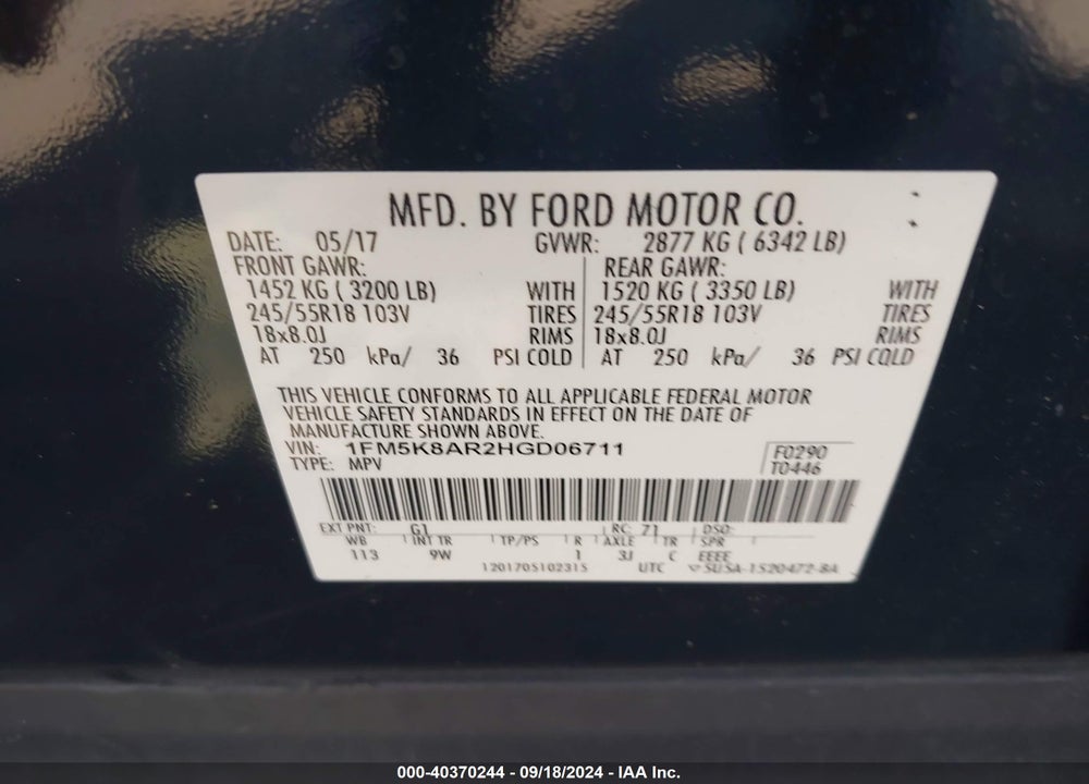 2017 FORD UTILITY POLICE INTERCEPTOR VIN: 1FM5K8AR2HGD06711