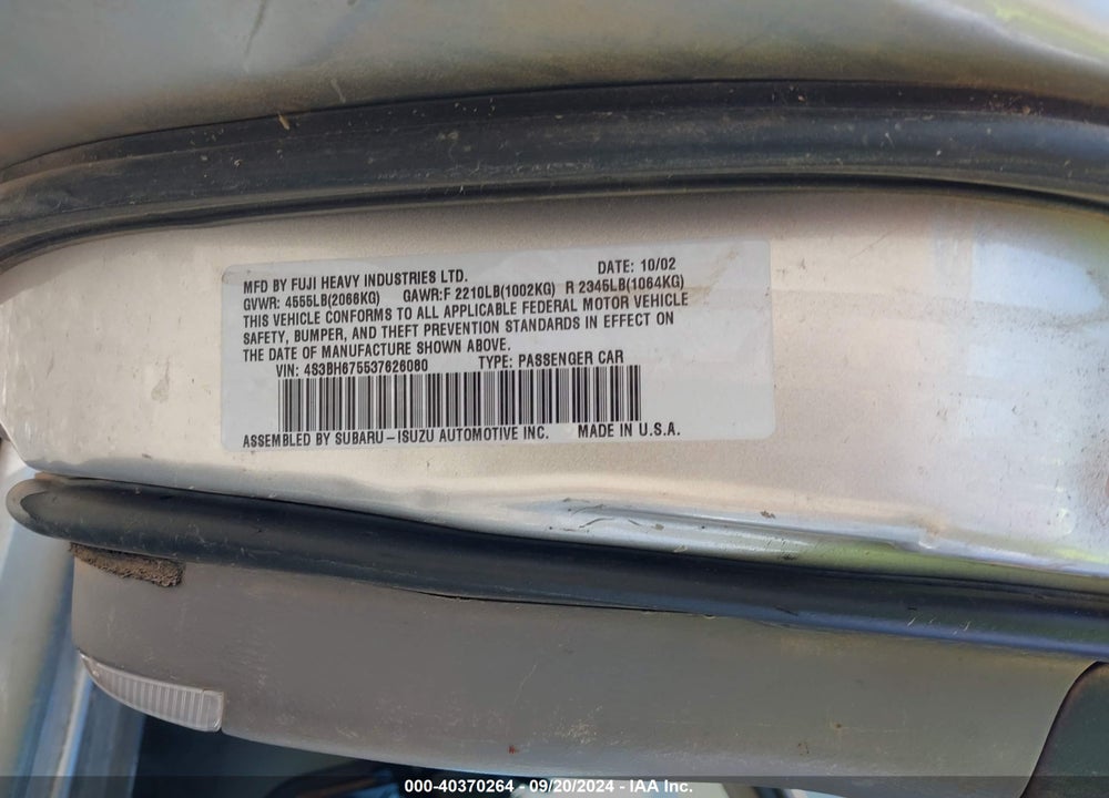 2003 SUBARU OUTBACK VIN: 4S3BH675537626080