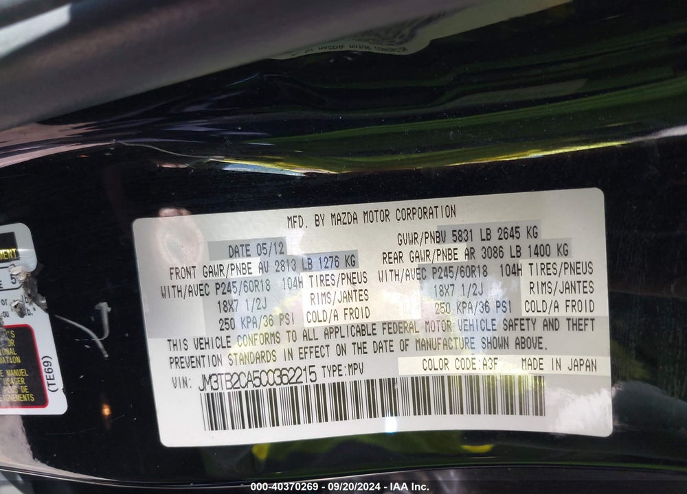 2012 MAZDA CX-9 TOURING VIN: JM3TB2CA5C0362215