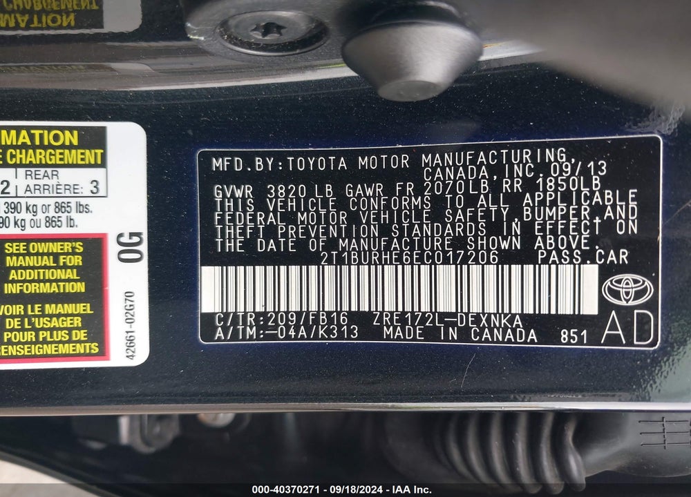 2014 TOYOTA COROLLA LE VIN: 2T1BURHE6EC017206