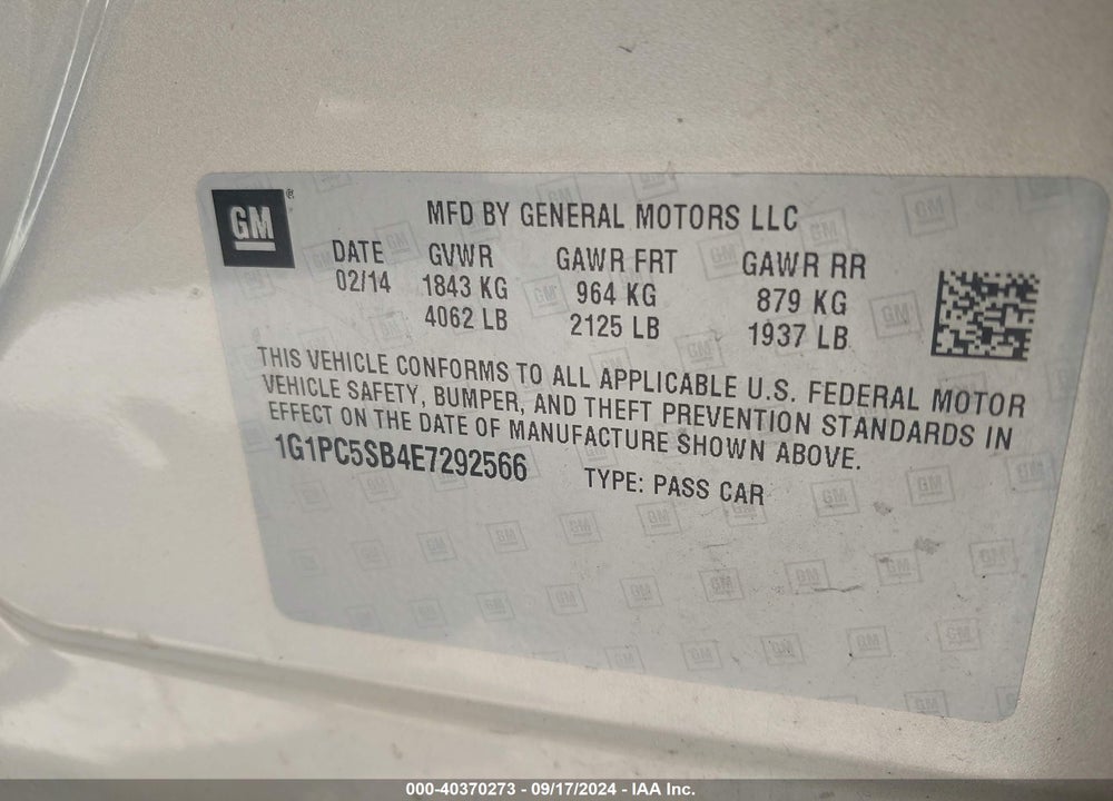 2014 CHEVROLET CRUZE 1LT AUTO VIN: 1G1PC5SB4E7292566
