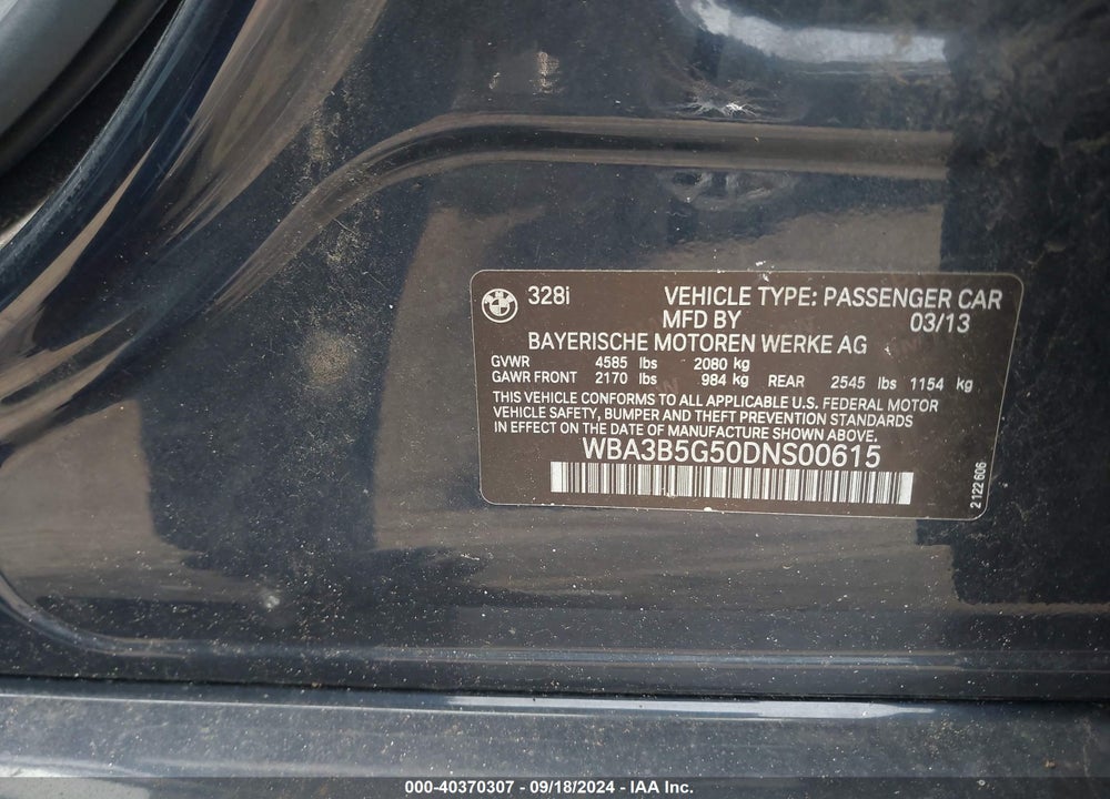 2013 BMW 328I XDRIVE VIN: WBA3B5G50DNS00615