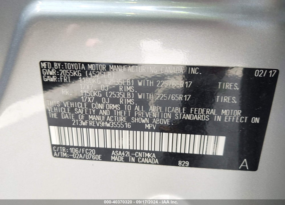 2017 TOYOTA RAV4 XLE VIN: 2T3WFREV9HW355516