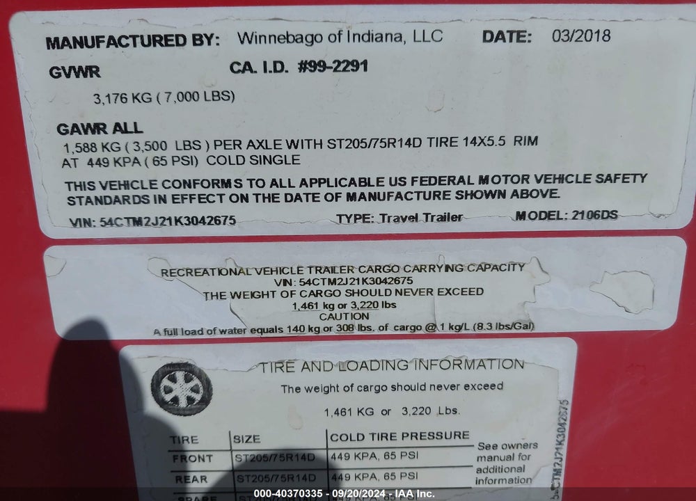 2019 WINNEBAGO OTHER VIN: 54CTM2J21K3042675