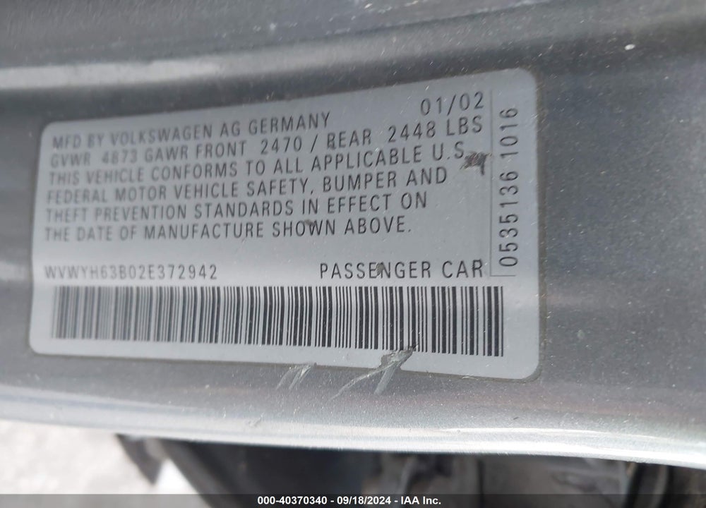 2002 VOLKSWAGEN PASSAT GLX VIN: WVWYH63B02E372942