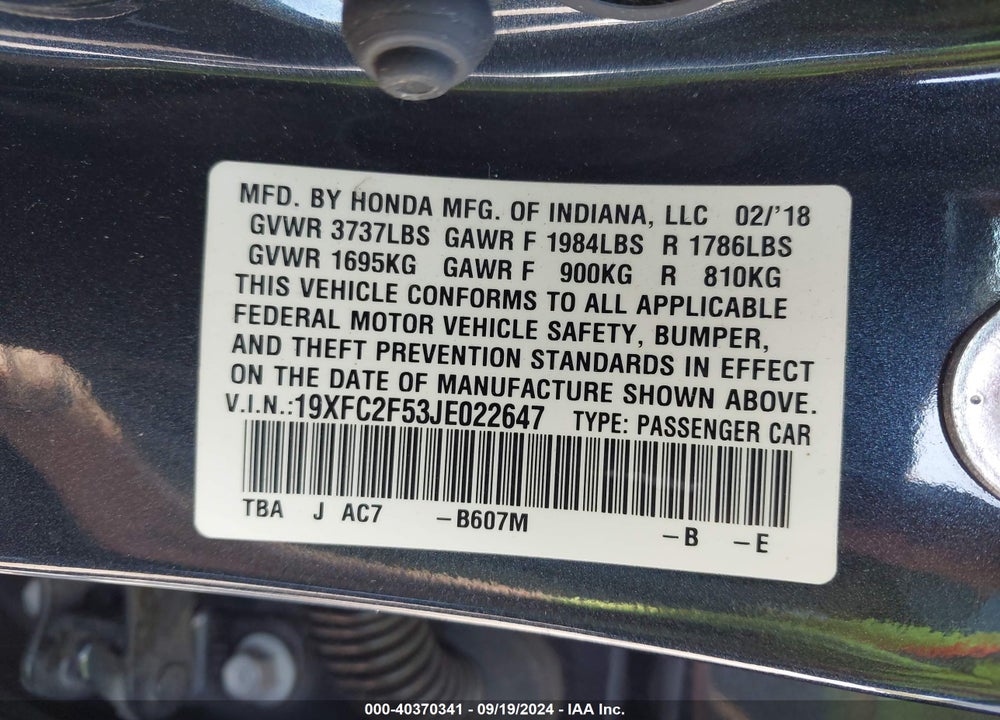2018 HONDA CIVIC LX VIN: 19XFC2F53JE022647