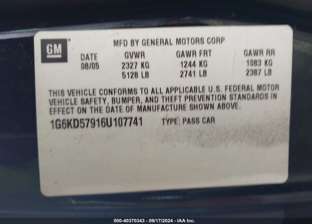 2006 CADILLAC DTS PERFORMANCE VIN: 1G6KD57916U107741