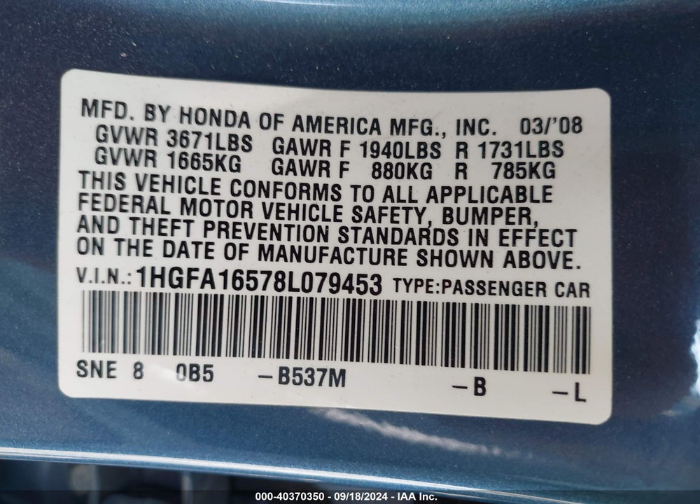 2008 HONDA CIVIC LX VIN: 1HGFA16578L079453