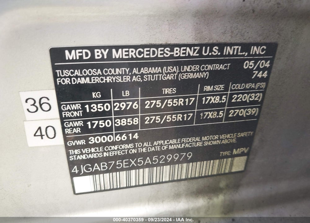 2005 MERCEDES-BENZ ML 500 4MATIC VIN: 4JGAB75EX5A529979