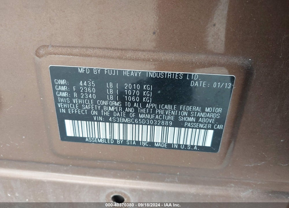 2013 SUBARU LEGACY VIN: 4S3BMBC65D3032889