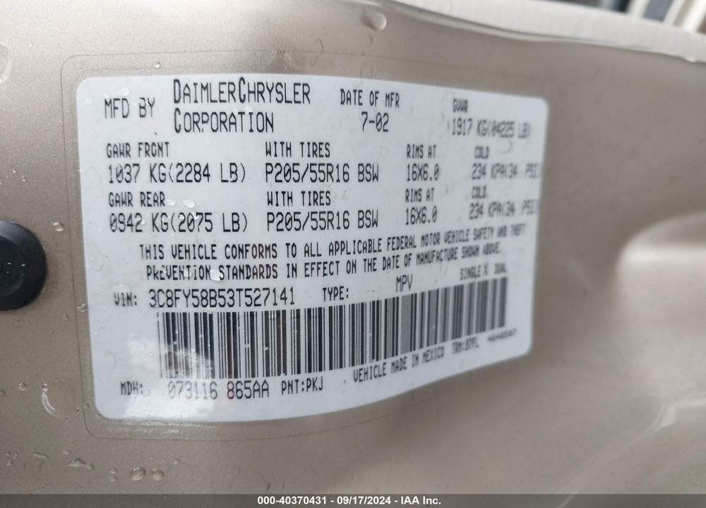 2003 CHRYSLER PT CRUISER TOURING VIN: 3C8FY58B53T527141