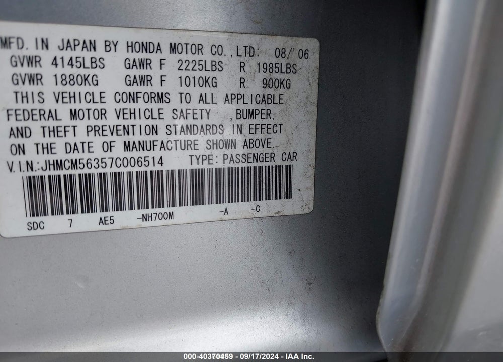 2007 HONDA ACCORD 2.4 SE VIN: JHMCM56357C006514