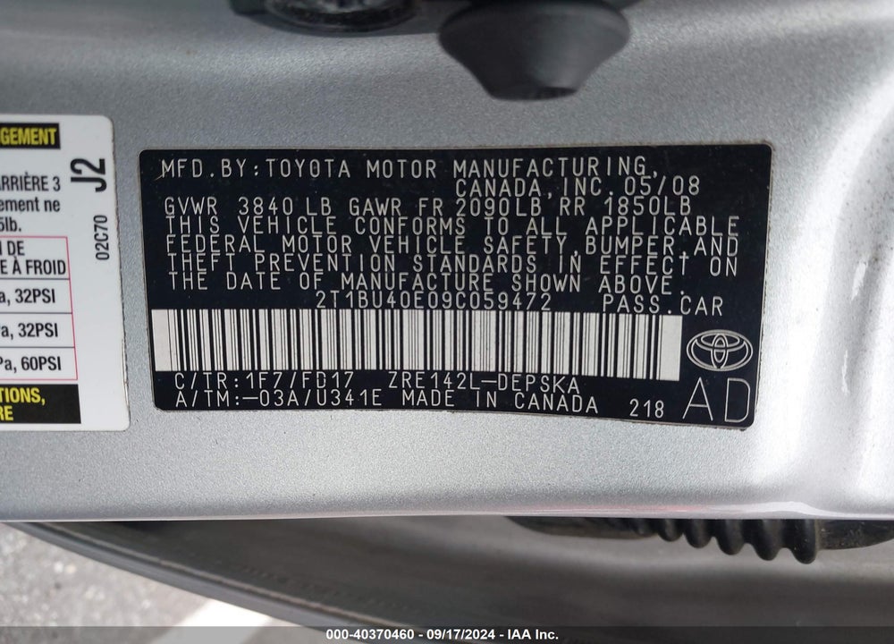 2009 TOYOTA COROLLA S VIN: 2T1BU40E09C059472