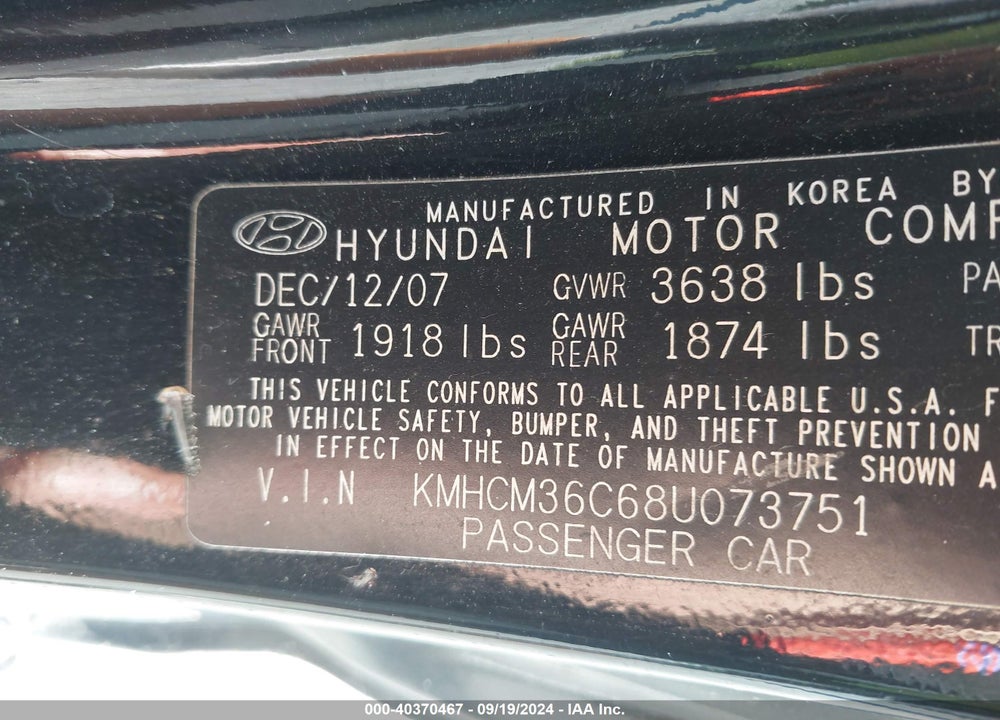 2008 HYUNDAI ACCENT GS VIN: KMHCM36C68U073751