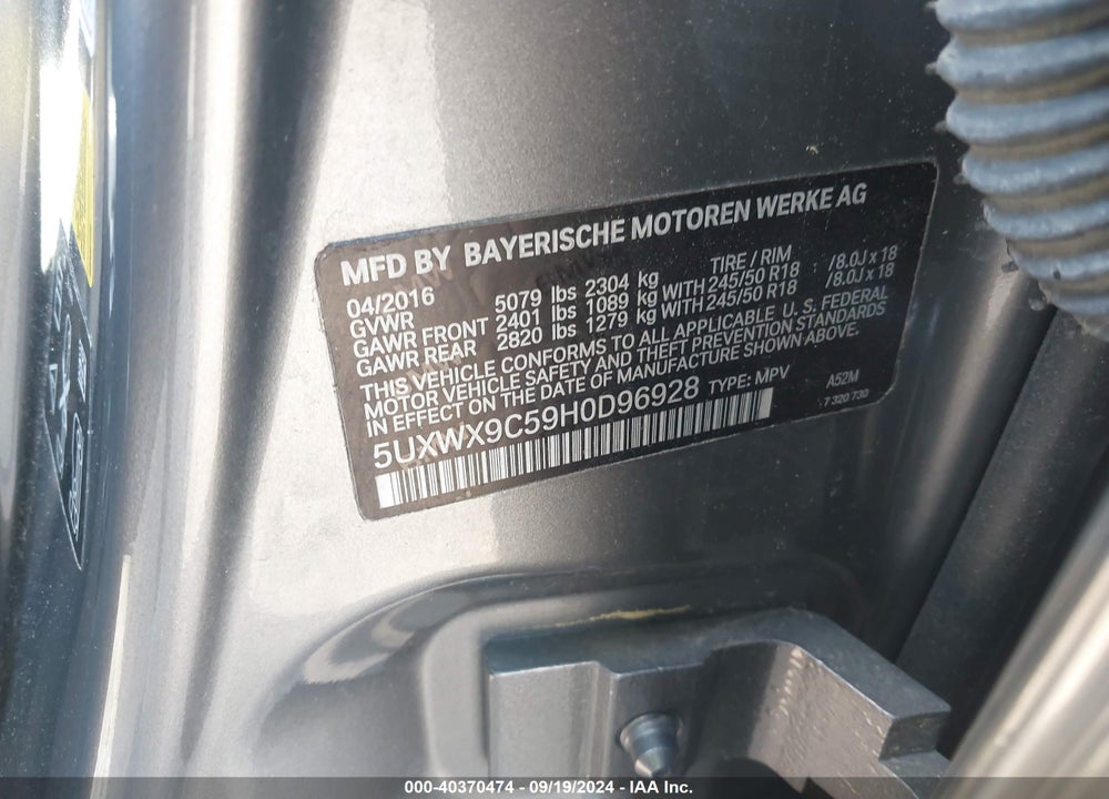 2017 BMW X3 XDRIVE28I VIN: 5UXWX9C59H0D96928