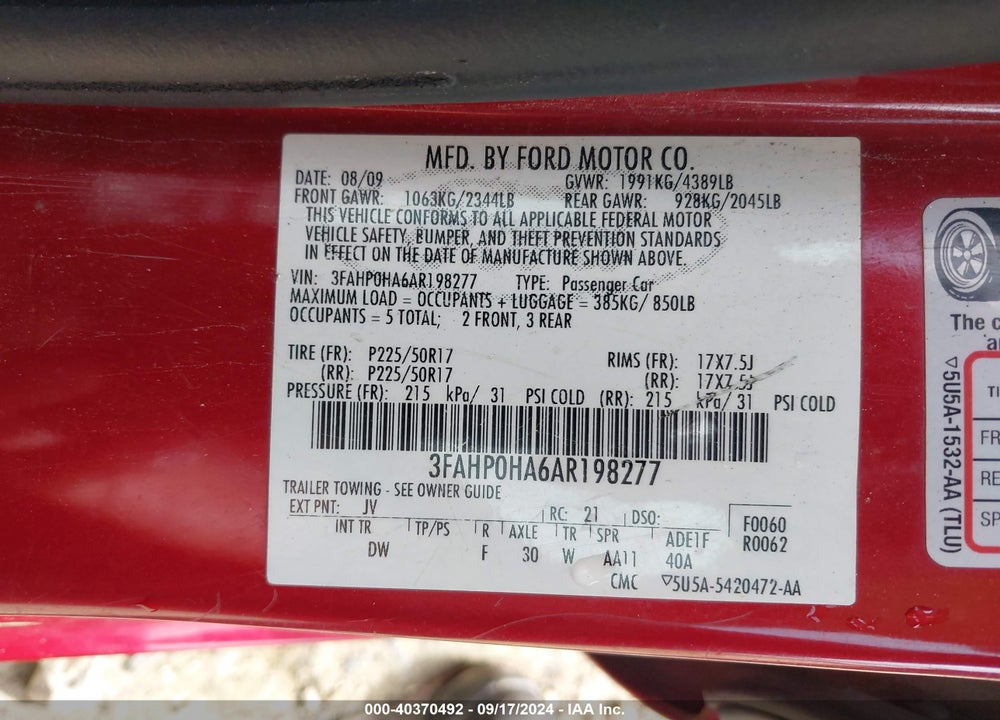 2010 FORD FUSION SE VIN: 3FAHP0HA6AR198277