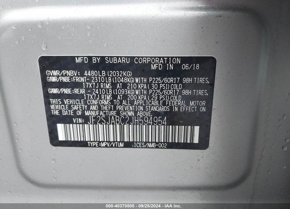 2018 SUBARU FORESTER 2.5I VIN: JF2SJABC2JH594954