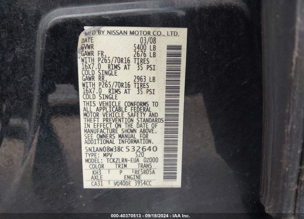 2008 NISSAN XTERRA S VIN: 5N1AN08W38C532640