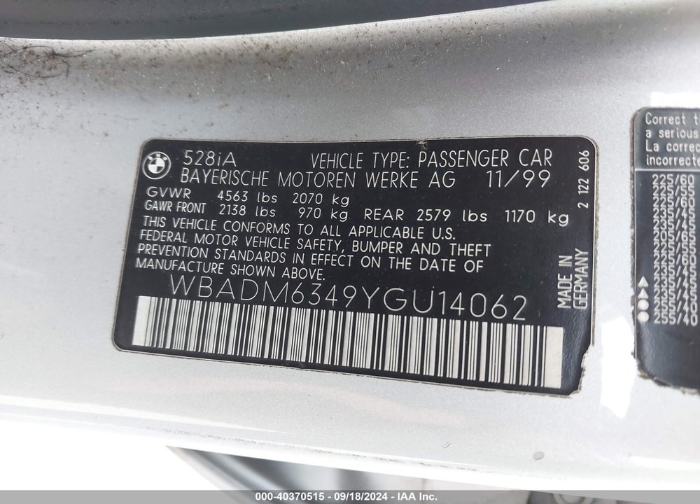 2000 BMW 528IA VIN: WBADM6349YGU14062