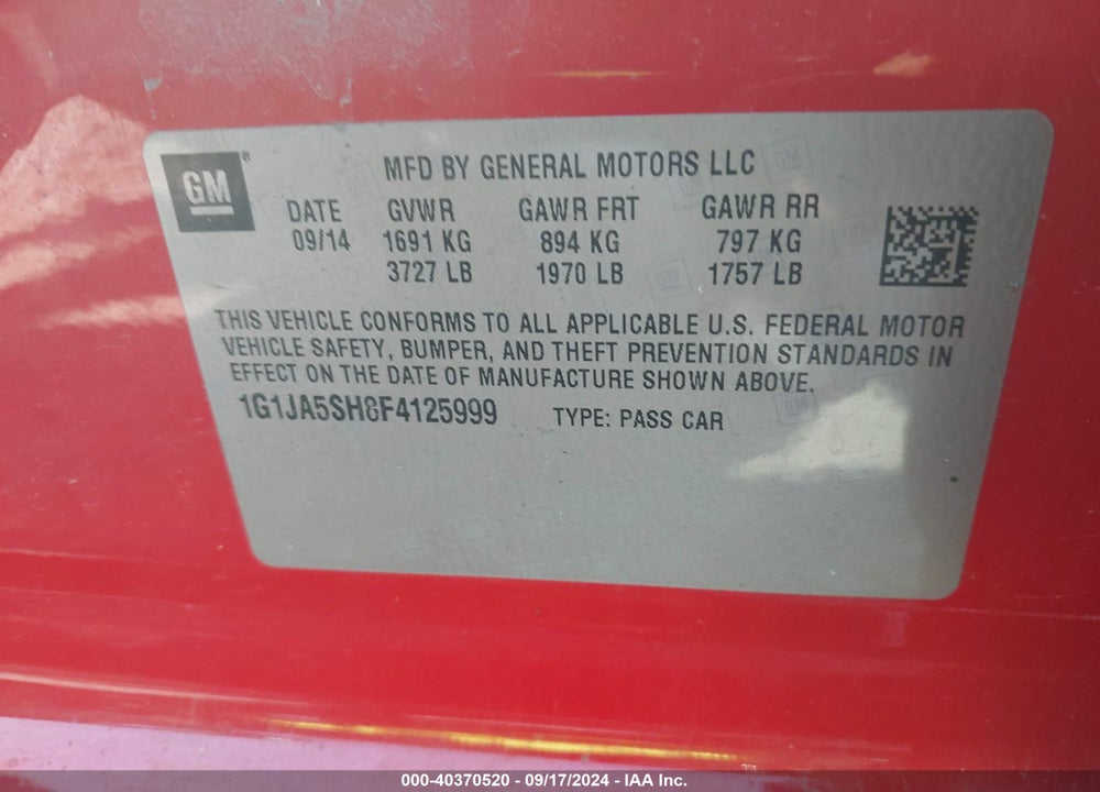 2015 CHEVROLET SONIC LS AUTO VIN: 1G1JA5SH8F4125999