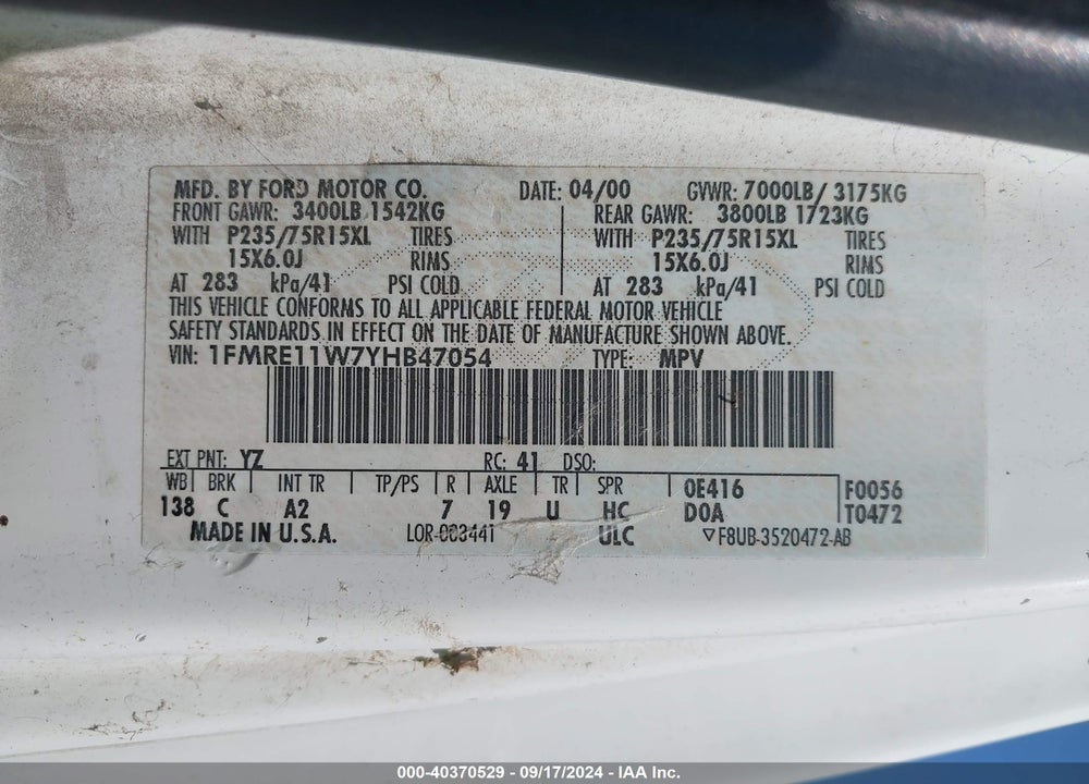2000 FORD E-150 XL/XLT VIN: 1FMRE11W7YHB47054