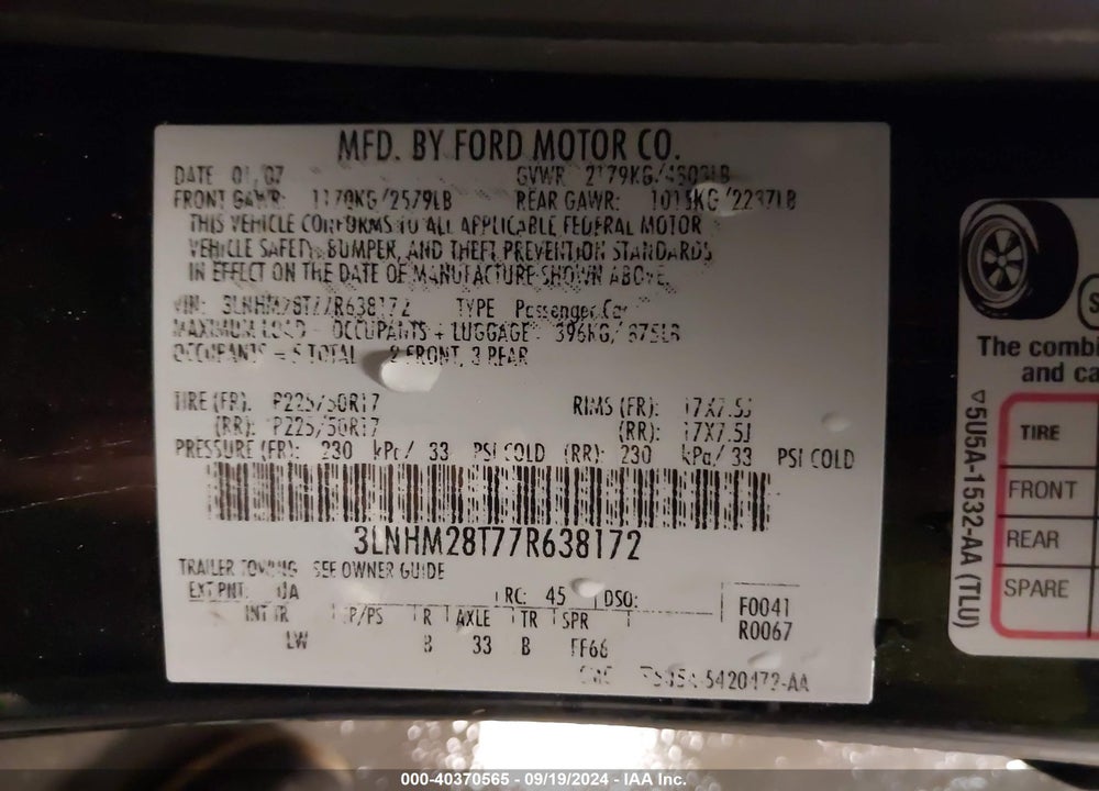 2007 LINCOLN MKZ VIN: 3LNHM28T77R638172