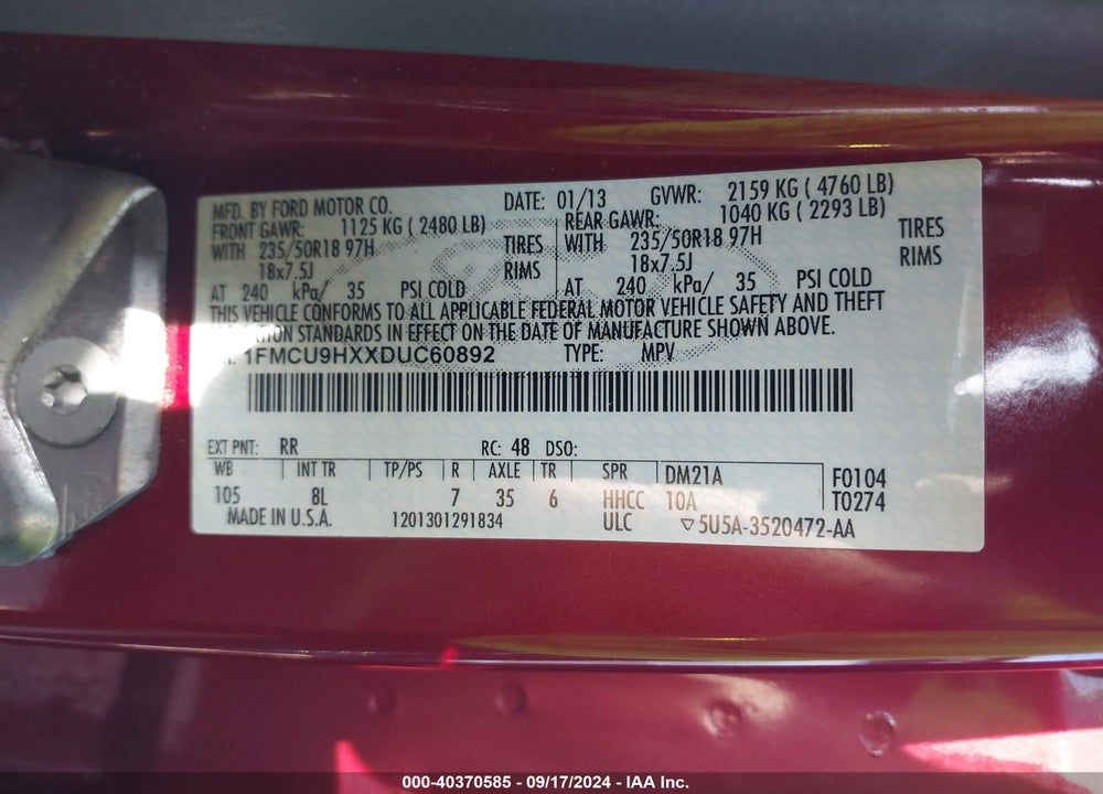 2013 FORD ESCAPE SEL VIN: 1FMCU9HXXDUC60892