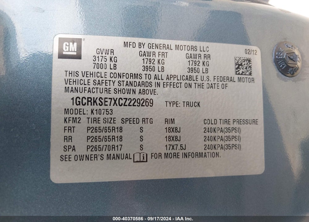 2012 CHEVROLET SILVERADO 1500 LT VIN: 1GCRKSE7XCZ229269